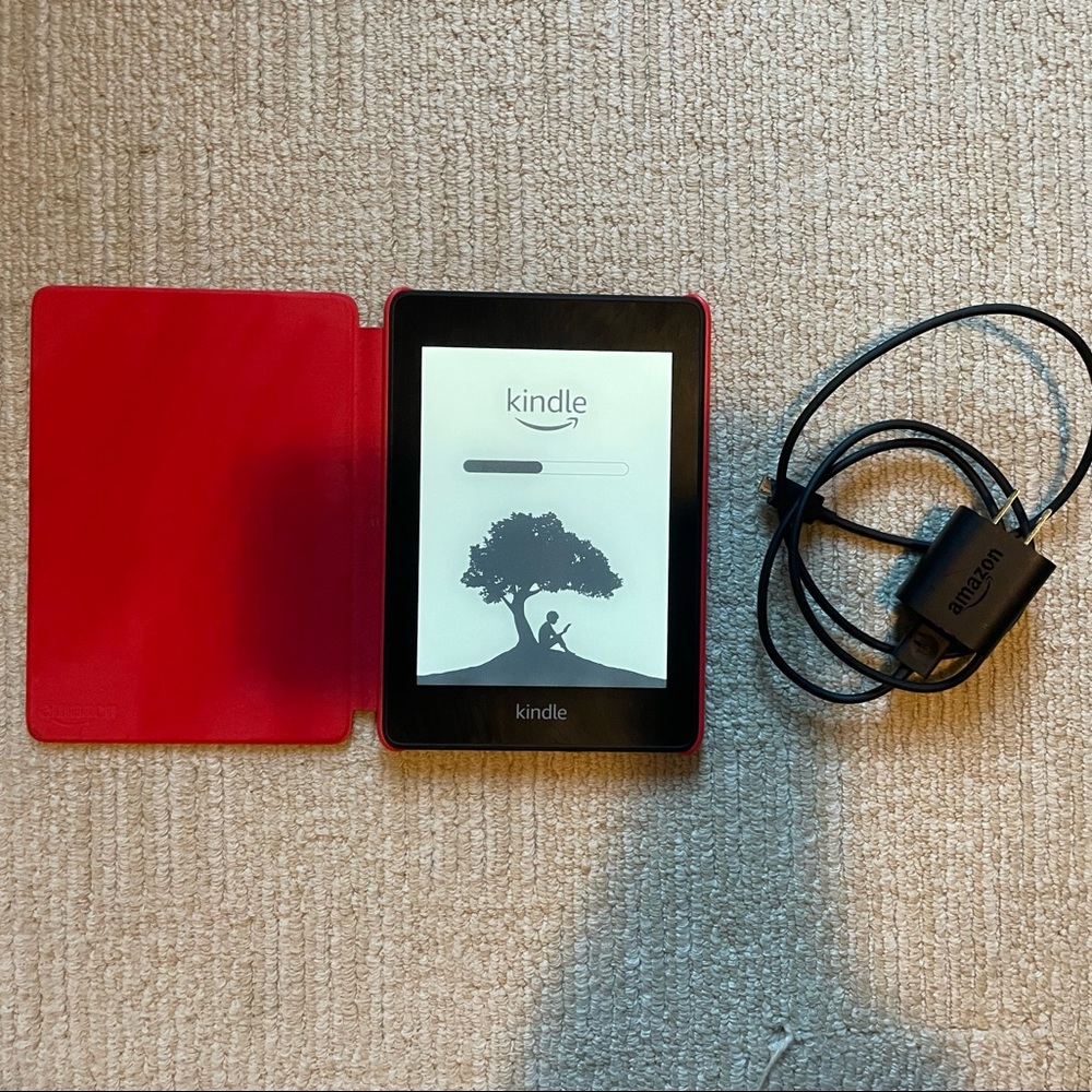 Kindle Paperwhite (10th gen) + leather case + charger